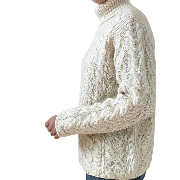 Vintage 1990s Womens White 100% Wool Fisherman Cable Knit Turtleneck Sweater M - Picture 6 of 7